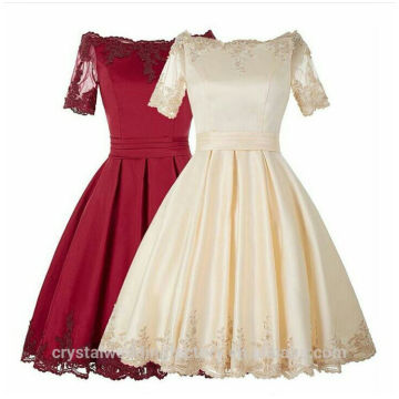 Wholesale Good Quality Elegant New O Neck Short Sleeve Red Champagne Lace Short A Line Bridesmaid Dresses LBS18